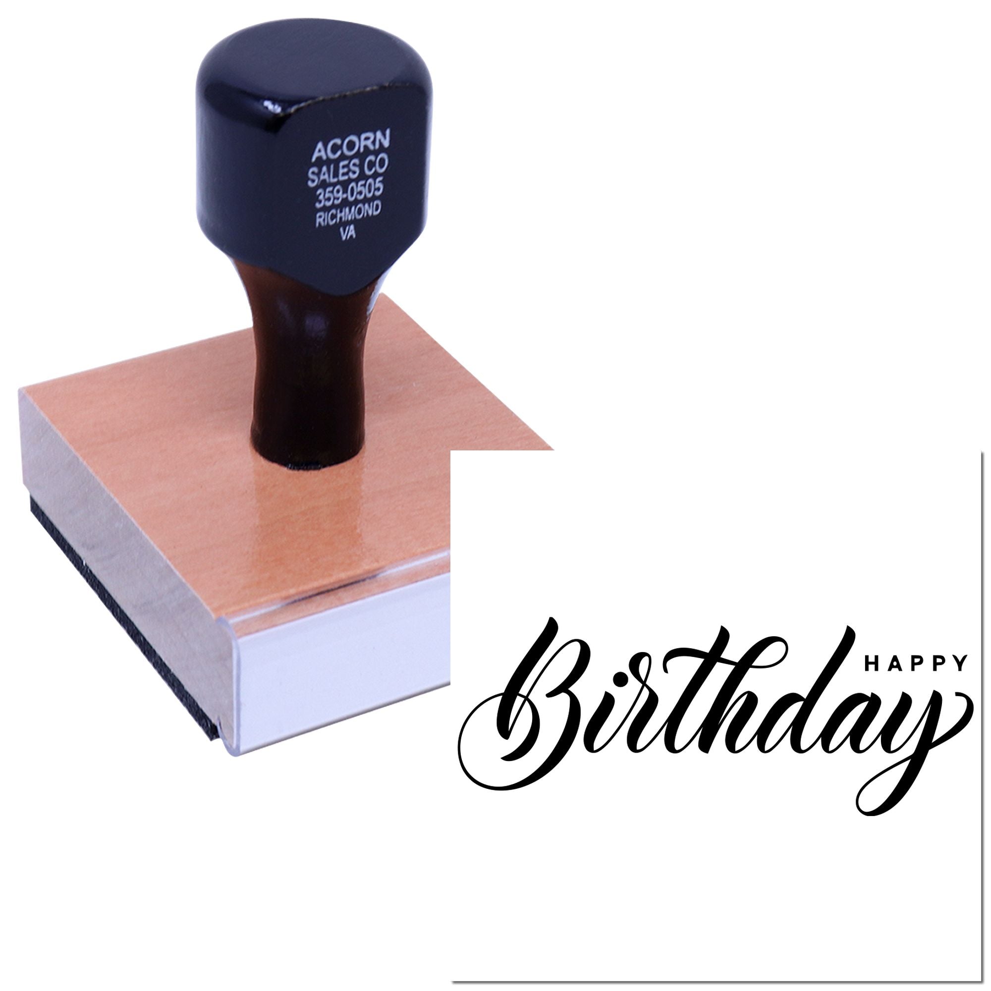 Custom birthday rubber stamp with mounted handle, featuring a Happy Birthday design for personalized cards and crafts.