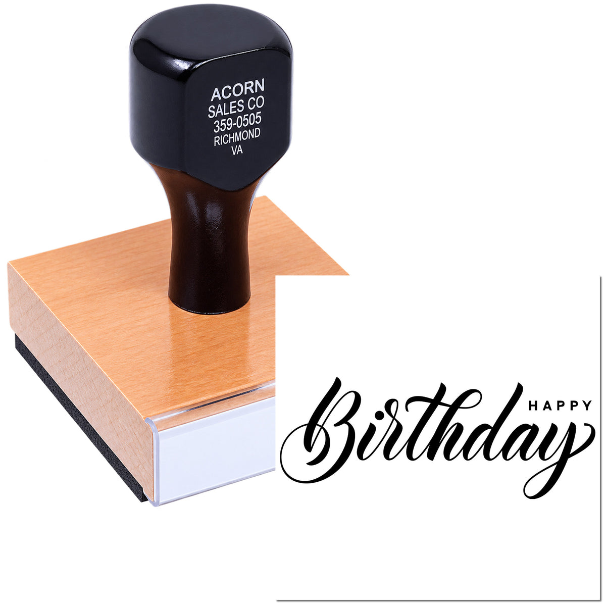 Custom birthday rubber stamp with mounted handle, featuring a Happy Birthday design for personalized cards and crafts.
