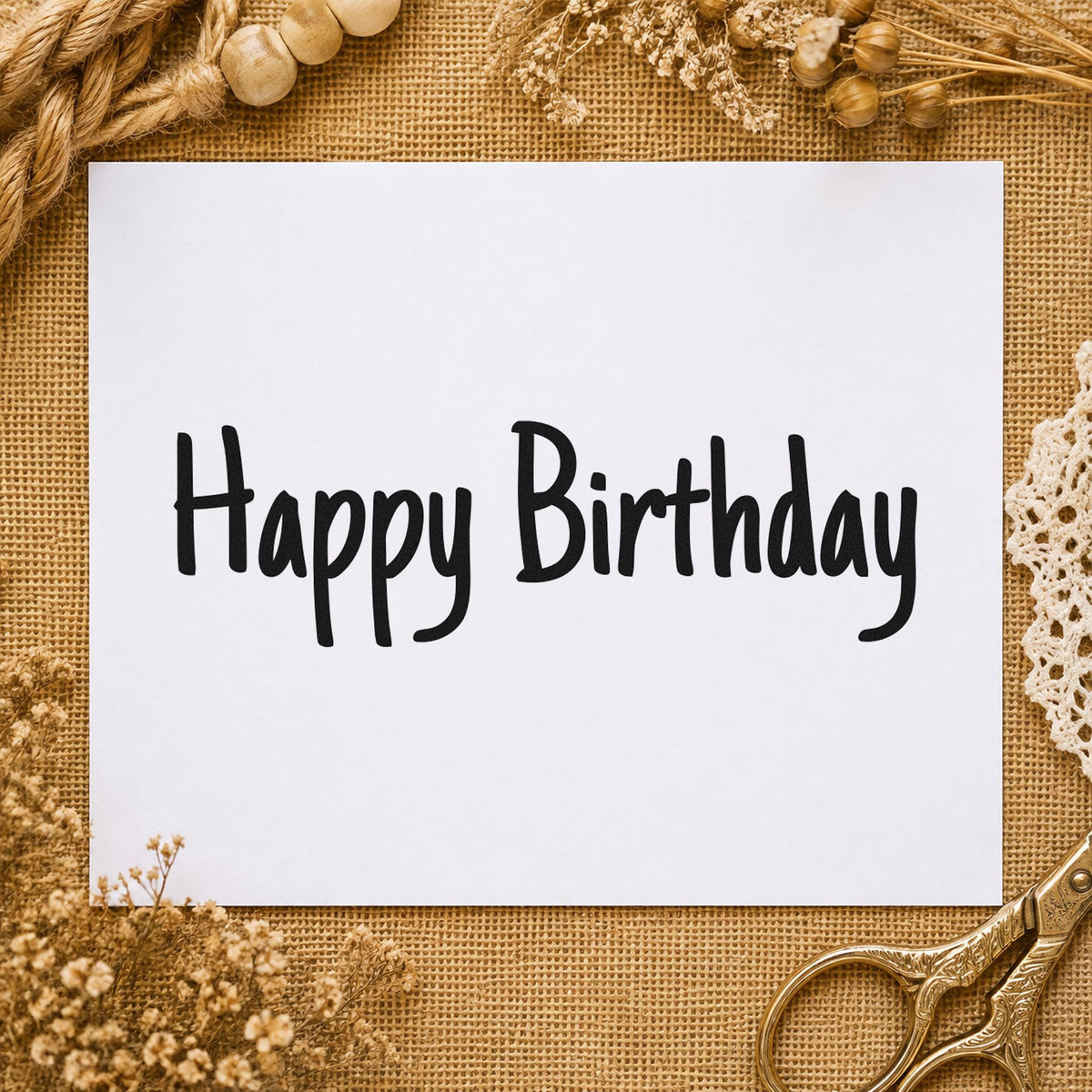 Happy Birthday Narrow Handwriting craft stamp imprint in black ink on a handmade project, one idea being envelope gift tags.