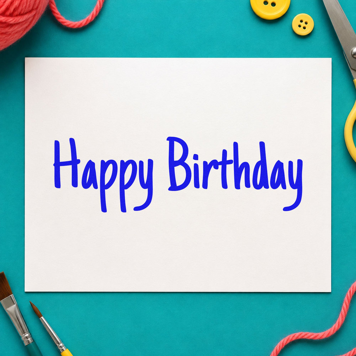 Happy Birthday Narrow Handwriting craft stamp in blue ink on cardstock, an easy option for writing cloth printing.