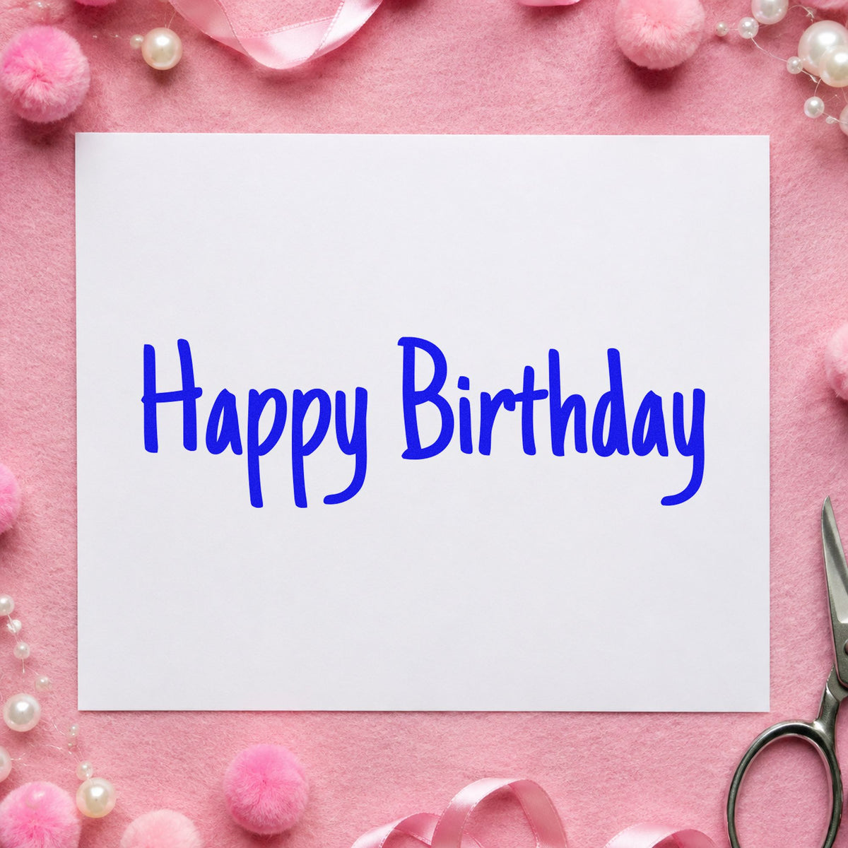 Happy Birthday Narrow Handwriting craft stamp imprinted in blue ink on paper, a design suited to framed writing desk.