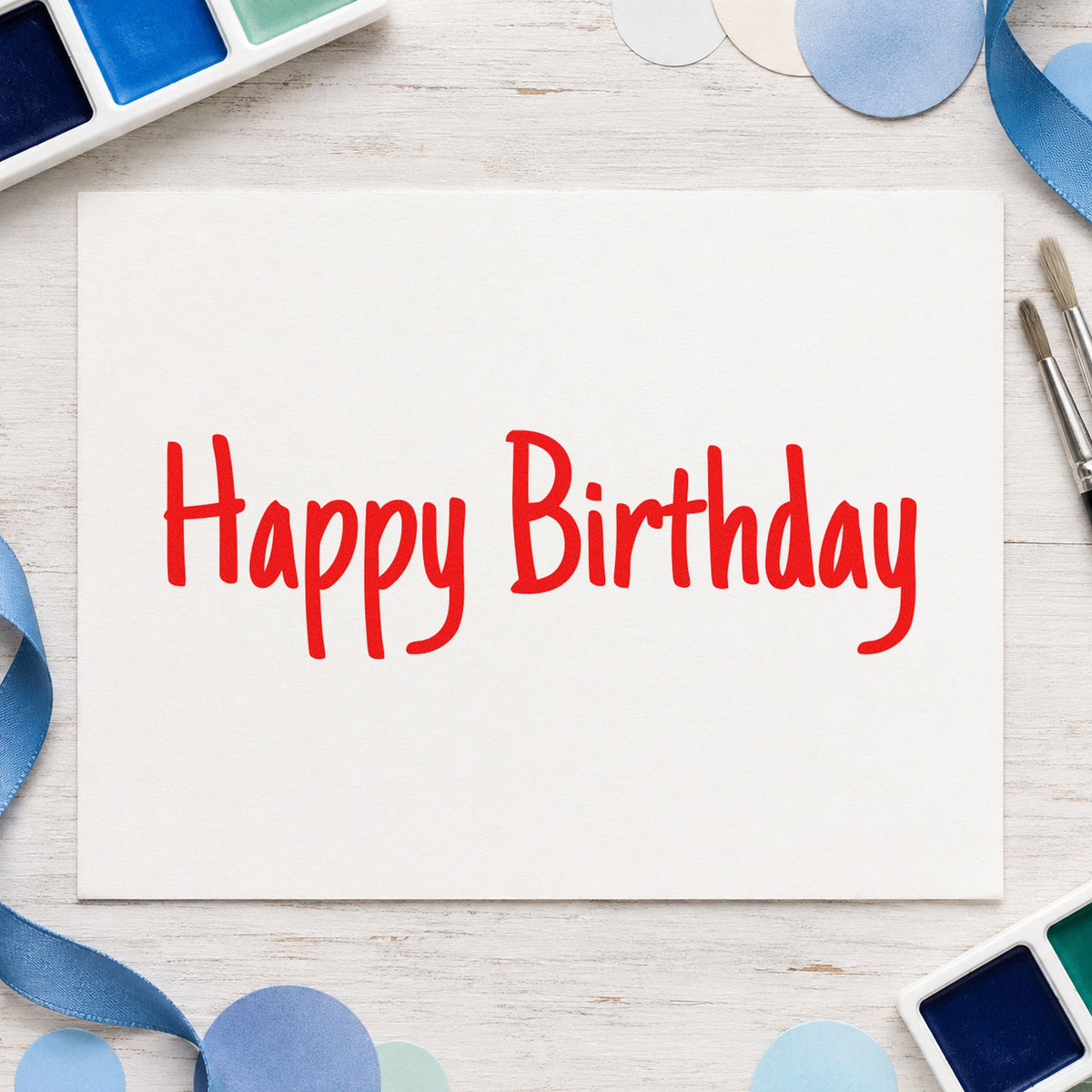 Happy Birthday Narrow Handwriting rubber stamp shown in red ink, stamped for projects such as box year labels.
