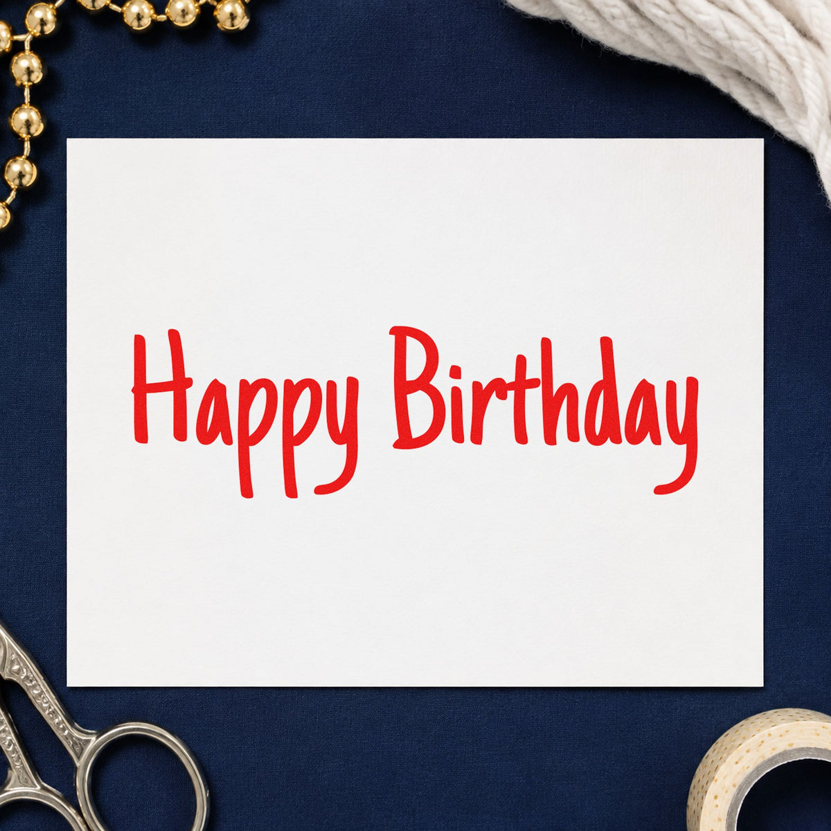 Happy Birthday Narrow Handwriting craft stamp imprint in red ink on a handmade project, one idea being prompt question cards.