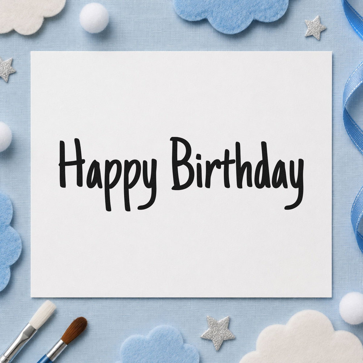 Happy Birthday Narrow Handwriting rubber stamp printed in black ink, ready for uneven hand cards and similar paper crafts.