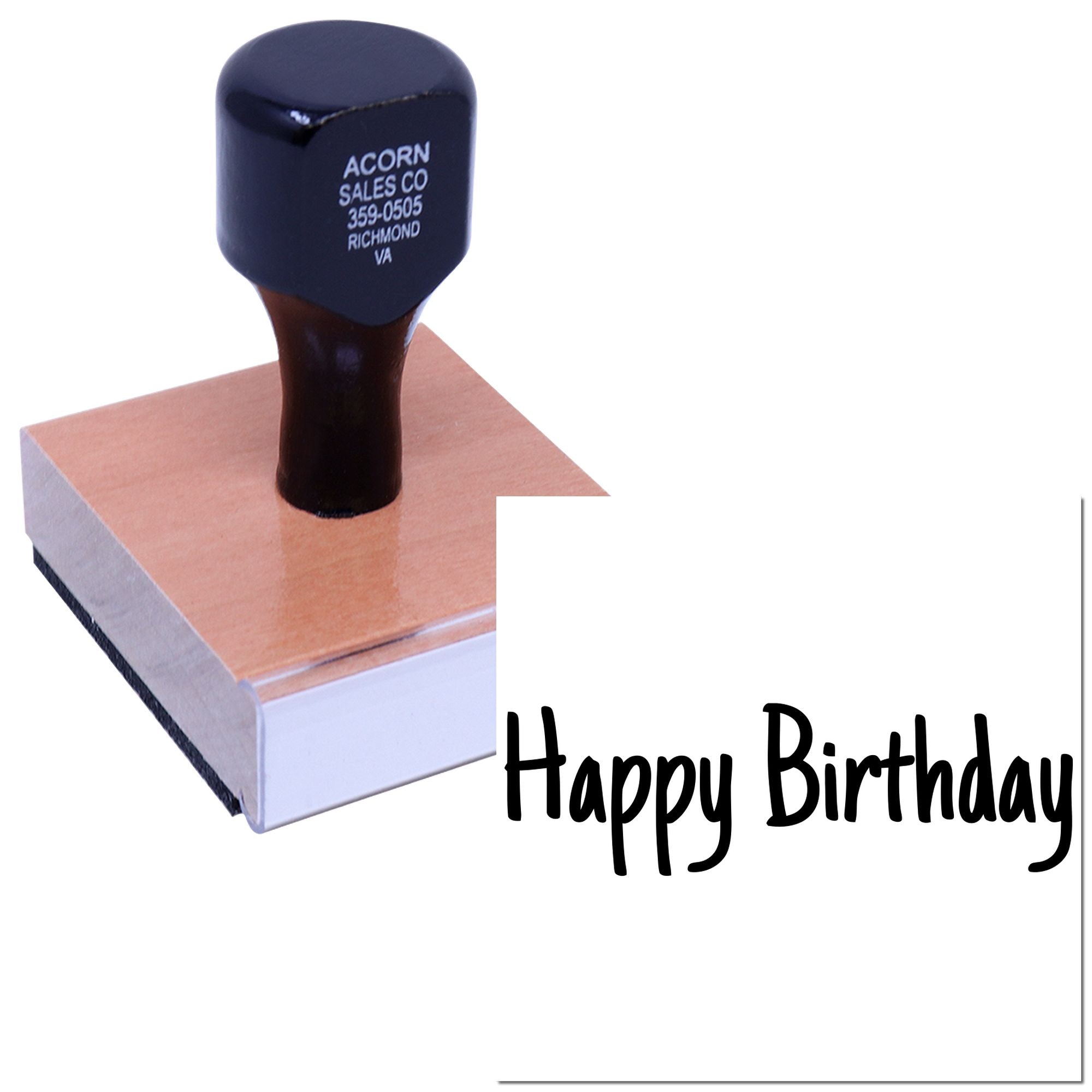 Happy Birthday rubber stamp with custom handle and imprint for birthday cards, crafts, and stationery.