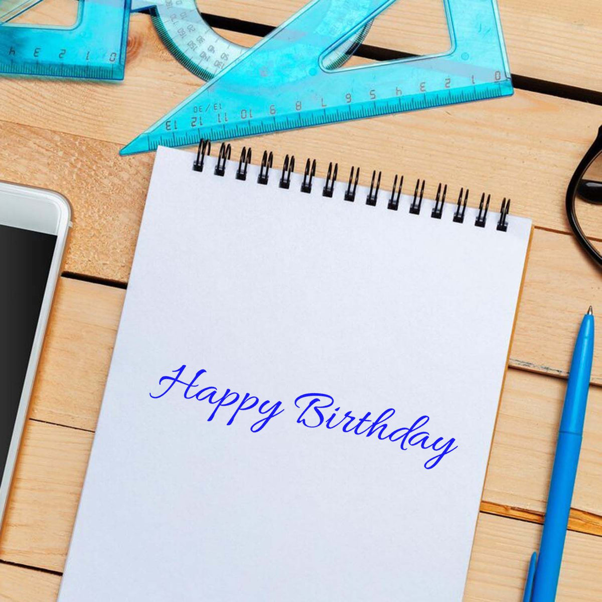 Happy Birthday Fine Script rubber stamp shown in purple ink, stamped for projects such as breakfast album page.