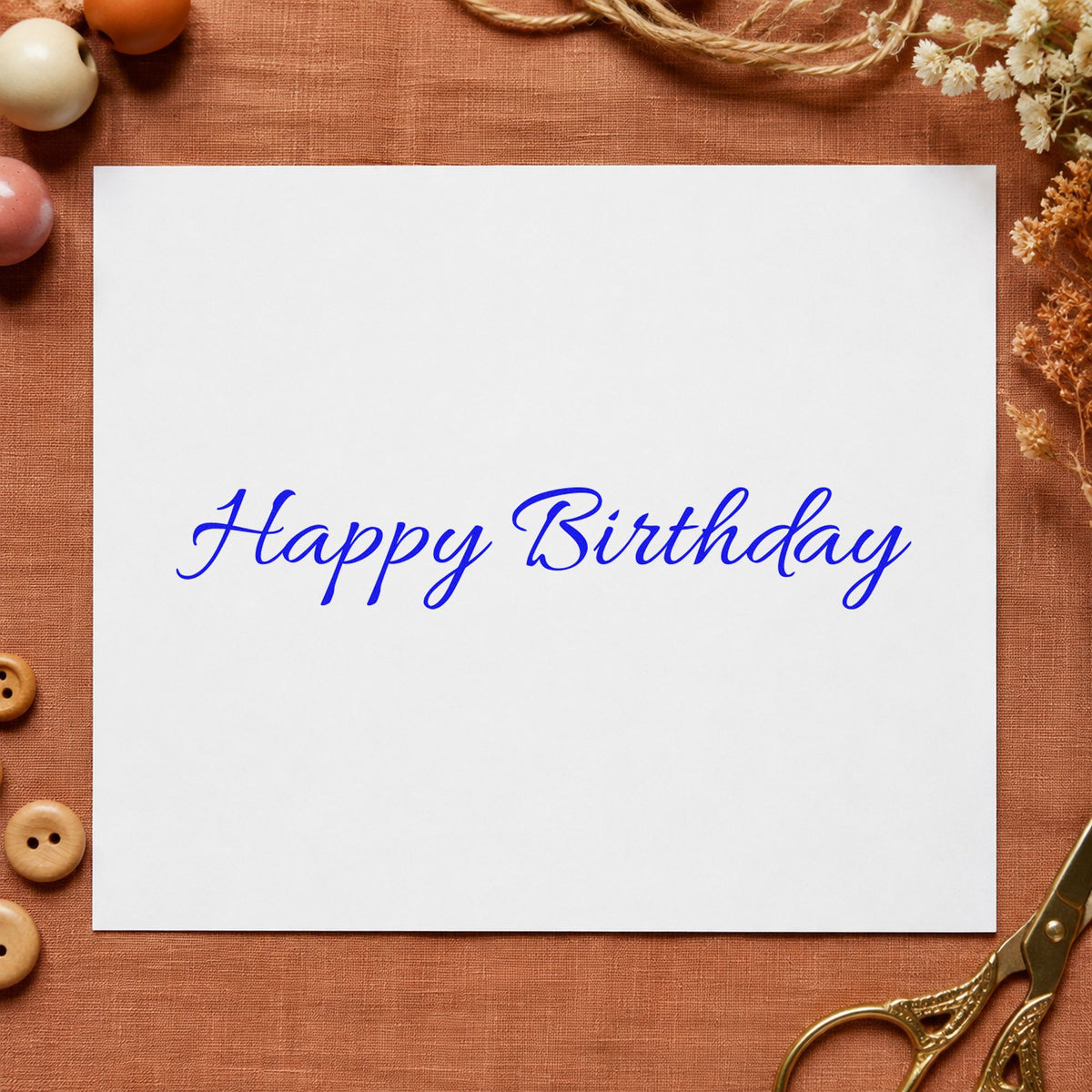 Happy Birthday Fine Script craft stamp imprinted in purple ink on paper, a design suited to framed bedroom door.