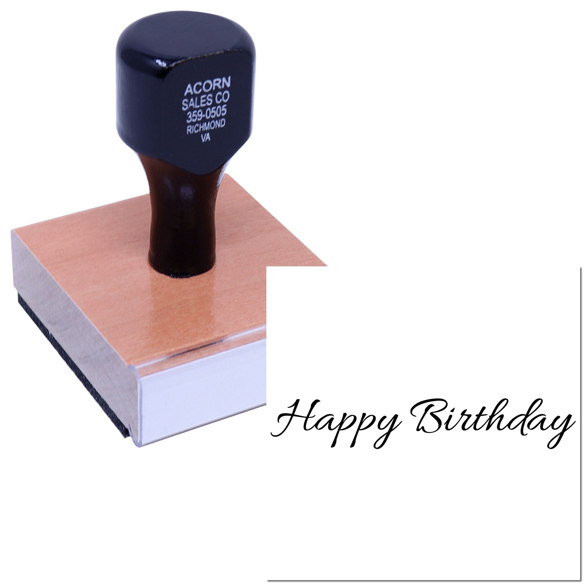 Happy Birthday rubber stamp on wooden mount for cards, invitations and scrapbooking.