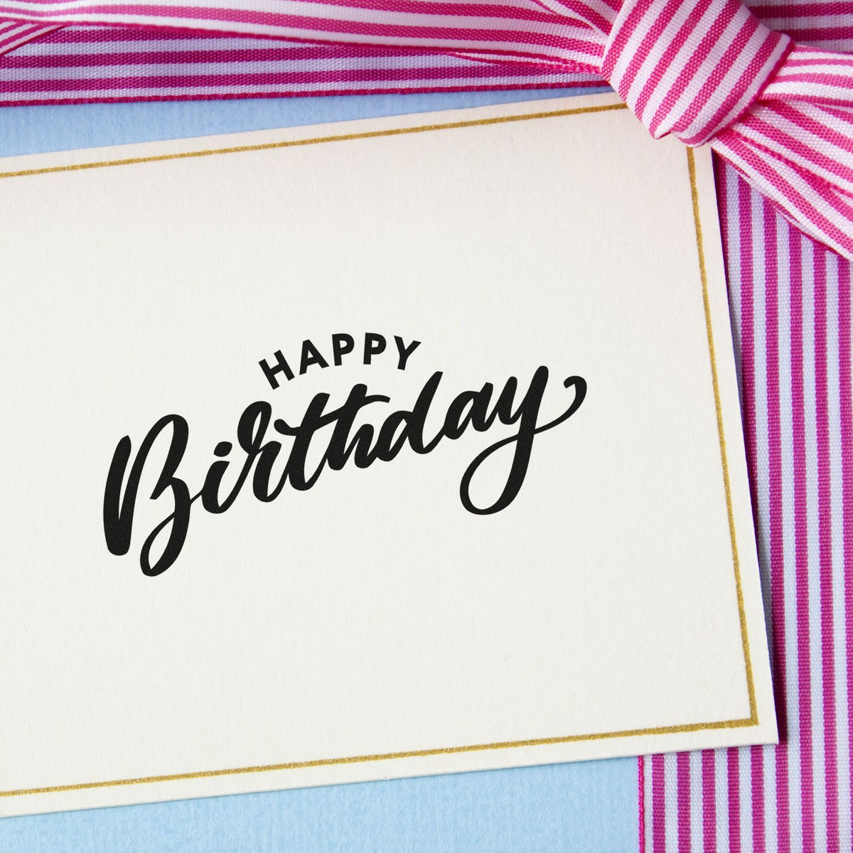 Happy Birthday Arched Heading Arch Stamp - Premium Vintage Pro Wooden imprint stamped in black ink. Small arched HAPPY sits above a broad bold Birthday script.
