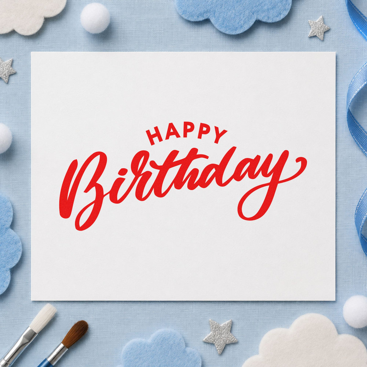 Happy Birthday Arched Heading rubber stamp shown in red ink, stamped for projects such as bin prop labels.
