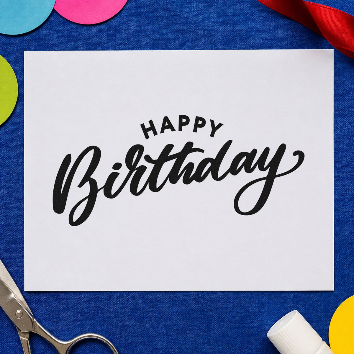 Happy Birthday Arched Heading rubber stamp printed in black ink, ready for broad bold cards and similar paper crafts.