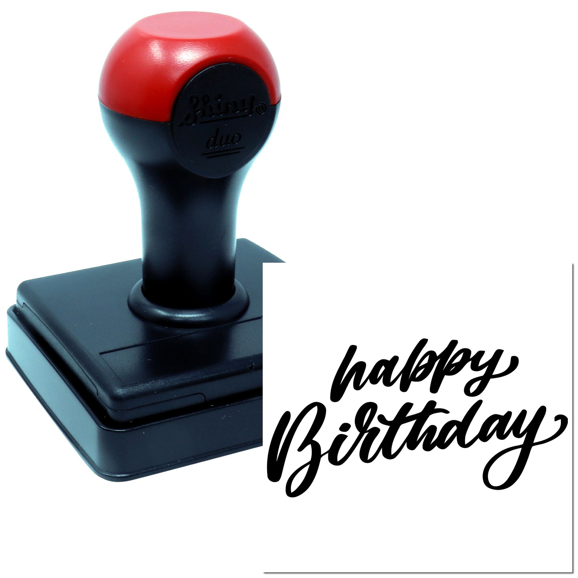Self-inking rubber stamp with Happy Birthday imprint for personalized greeting cards and craft projects.