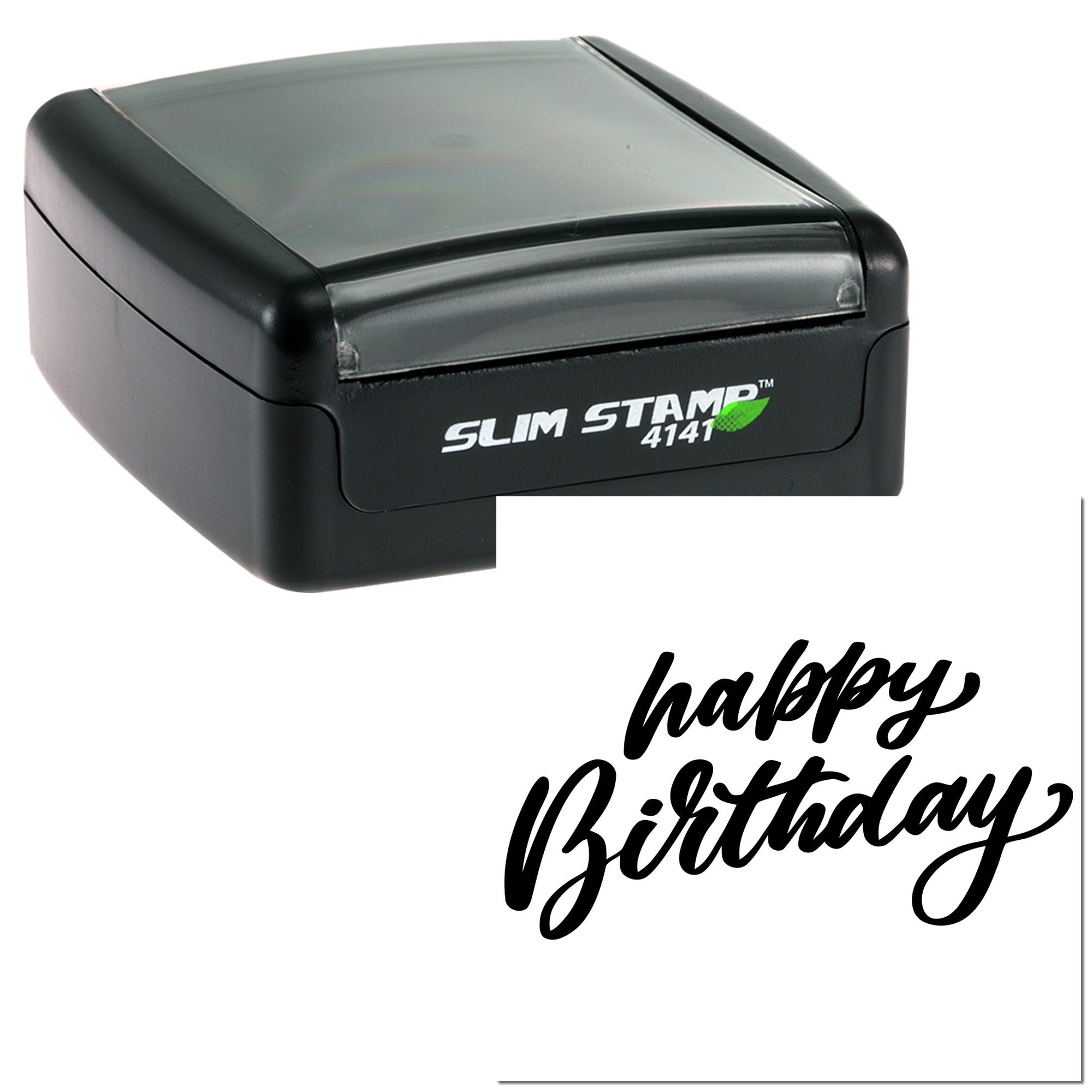 Slim self-inking rubber stamp with Happy Birthday impression for custom greeting cards and party crafts.