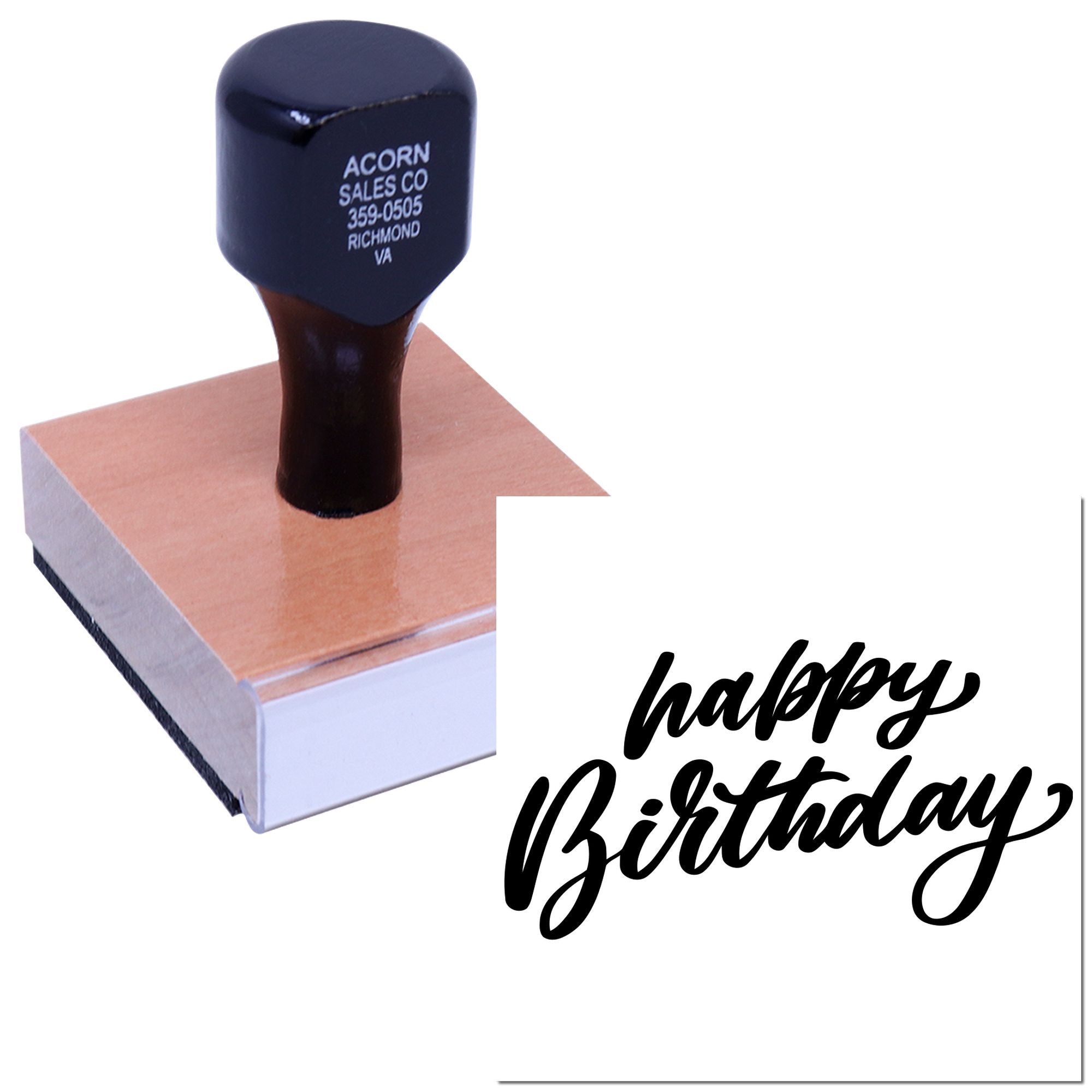 Happy Birthday rubber stamp with script design for greeting cards, invitations, and craft projects.