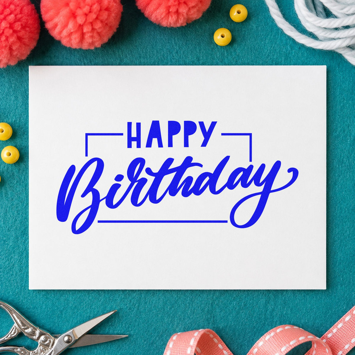 Birthday Script Rectangular Frame craft stamp in blue ink on cardstock, an easy option for van cover printing.