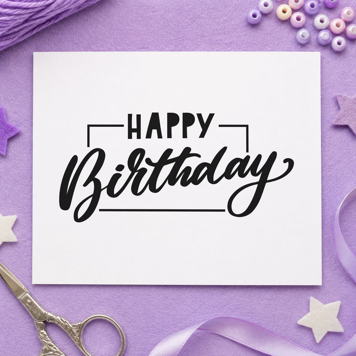 Birthday Script Rectangular Frame rubber stamp printed in black ink, ready for interrupted frame cards and similar paper crafts.