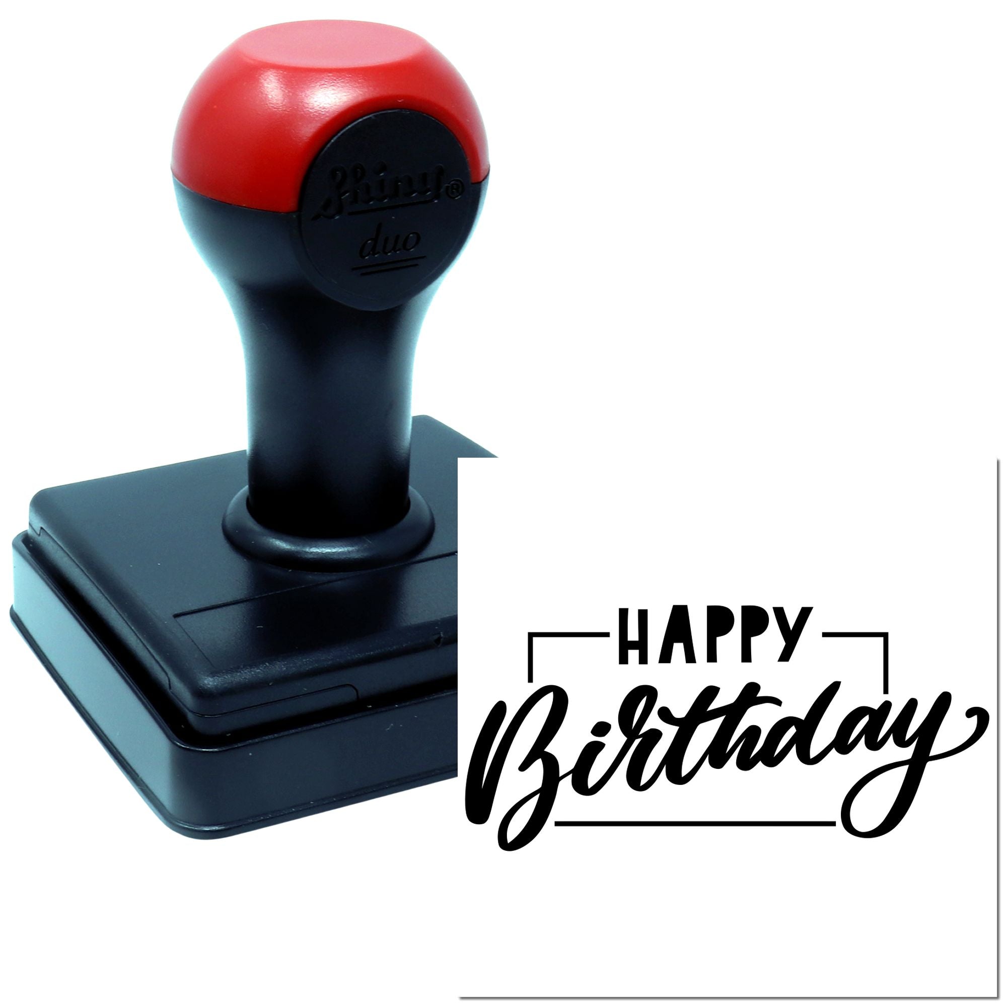 Custom rubber stamp with Happy Birthday design, ideal for greeting cards, invitations, and birthday packaging.