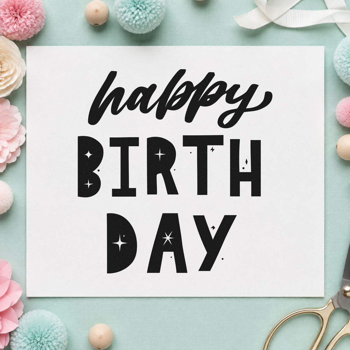 Happy Birthday Star Cutouts craft stamp in black ink on cardstock, an easy option for drive in album page.