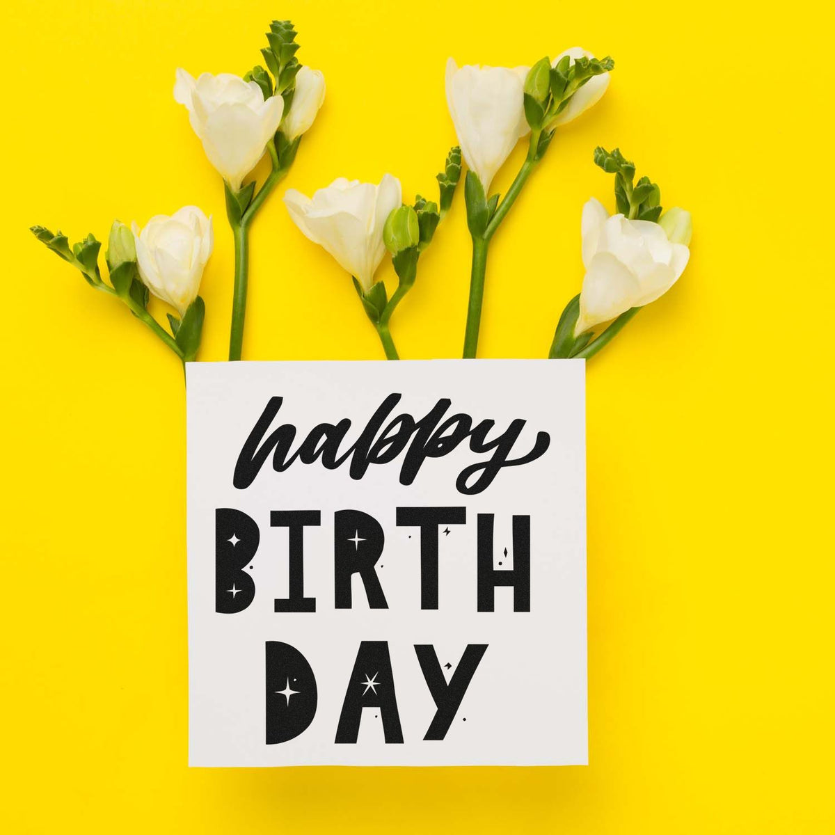 Happy Birthday Star Cutouts Premium Wooden Stamp - Vintage Pro imprint stamped in black ink. Script happy sits above large BIRTH DAY block letters with tiny star cutouts.