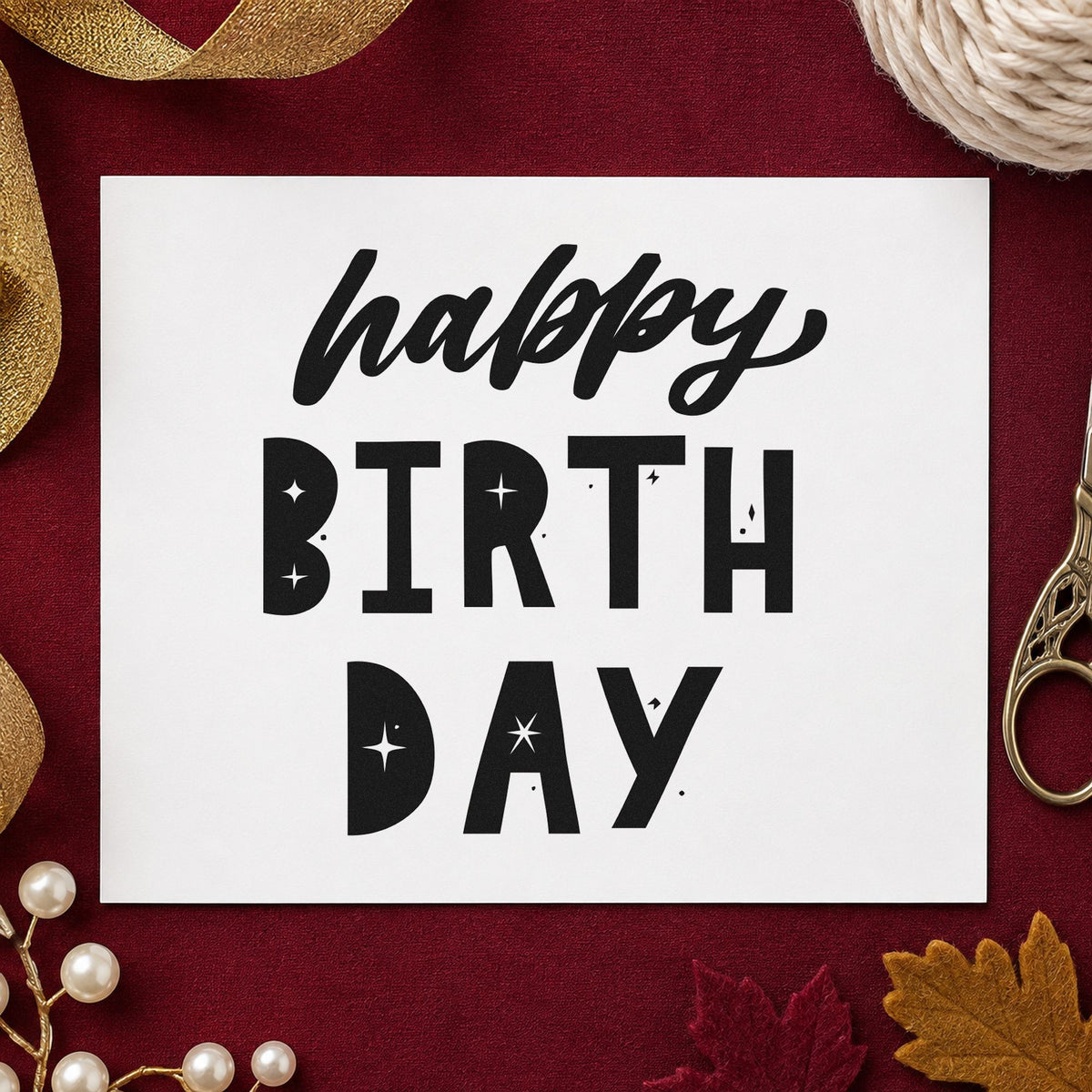 Happy Birthday Star Cutouts craft stamp imprint in black ink on a handmade project, one idea being snack box gift tags.