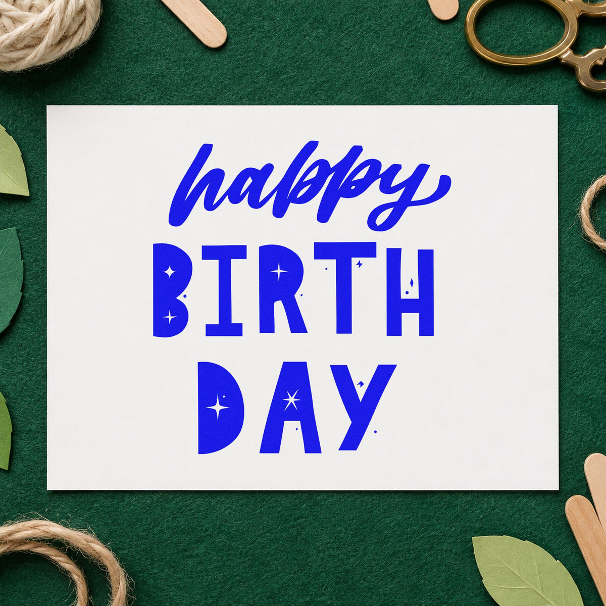 Happy Birthday Star Cutouts craft stamp imprinted in blue ink on paper, a design suited to framed garage wall.
