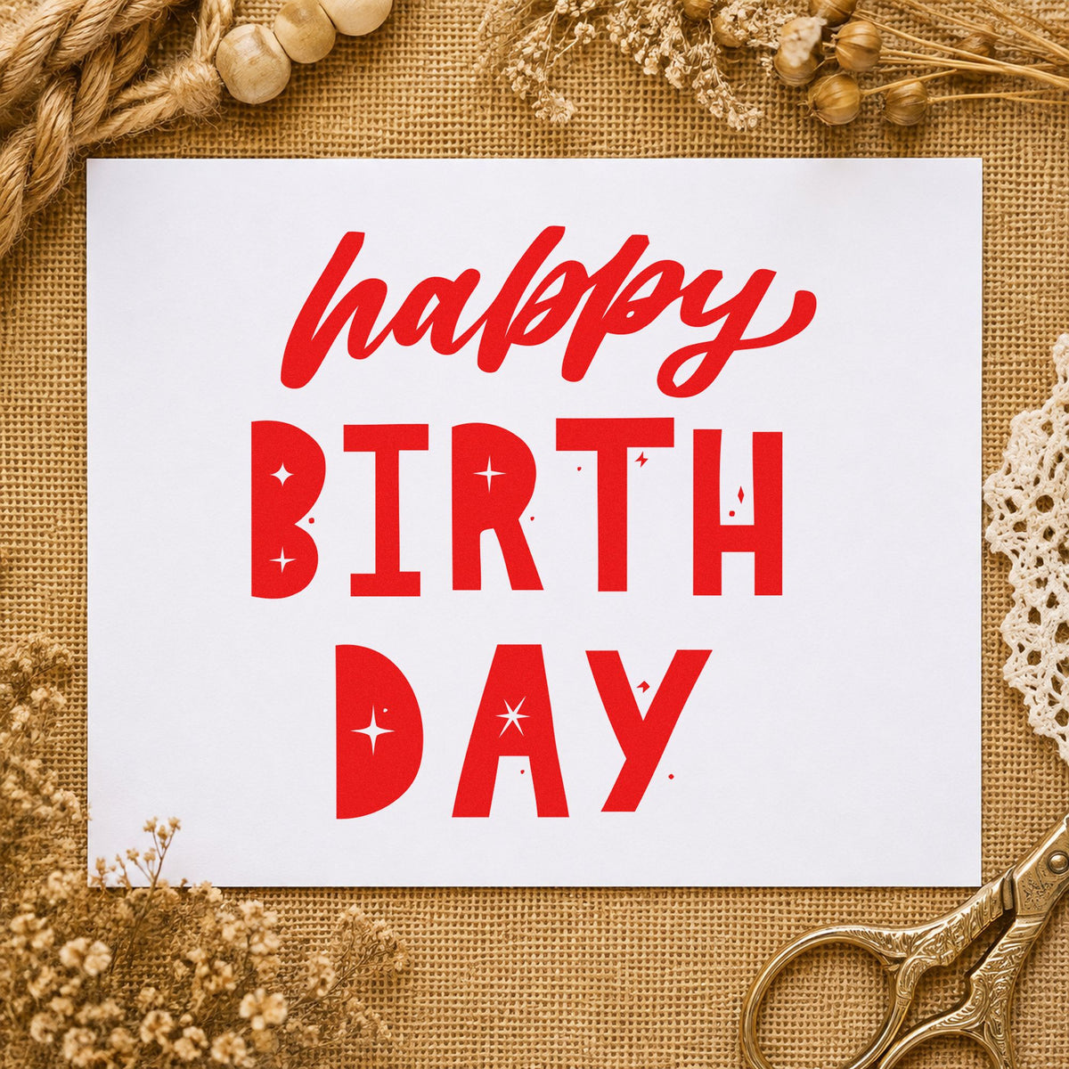 Happy Birthday Star Cutouts rubber stamp shown in red ink, stamped for projects such as bin snack labels.