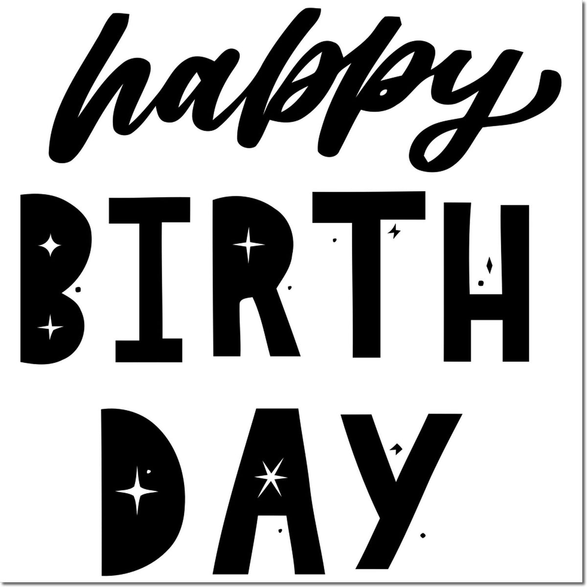 Happy Birthday rubber stamp design with bold black lettering and star accents for cards, crafts, and scrapbooking.