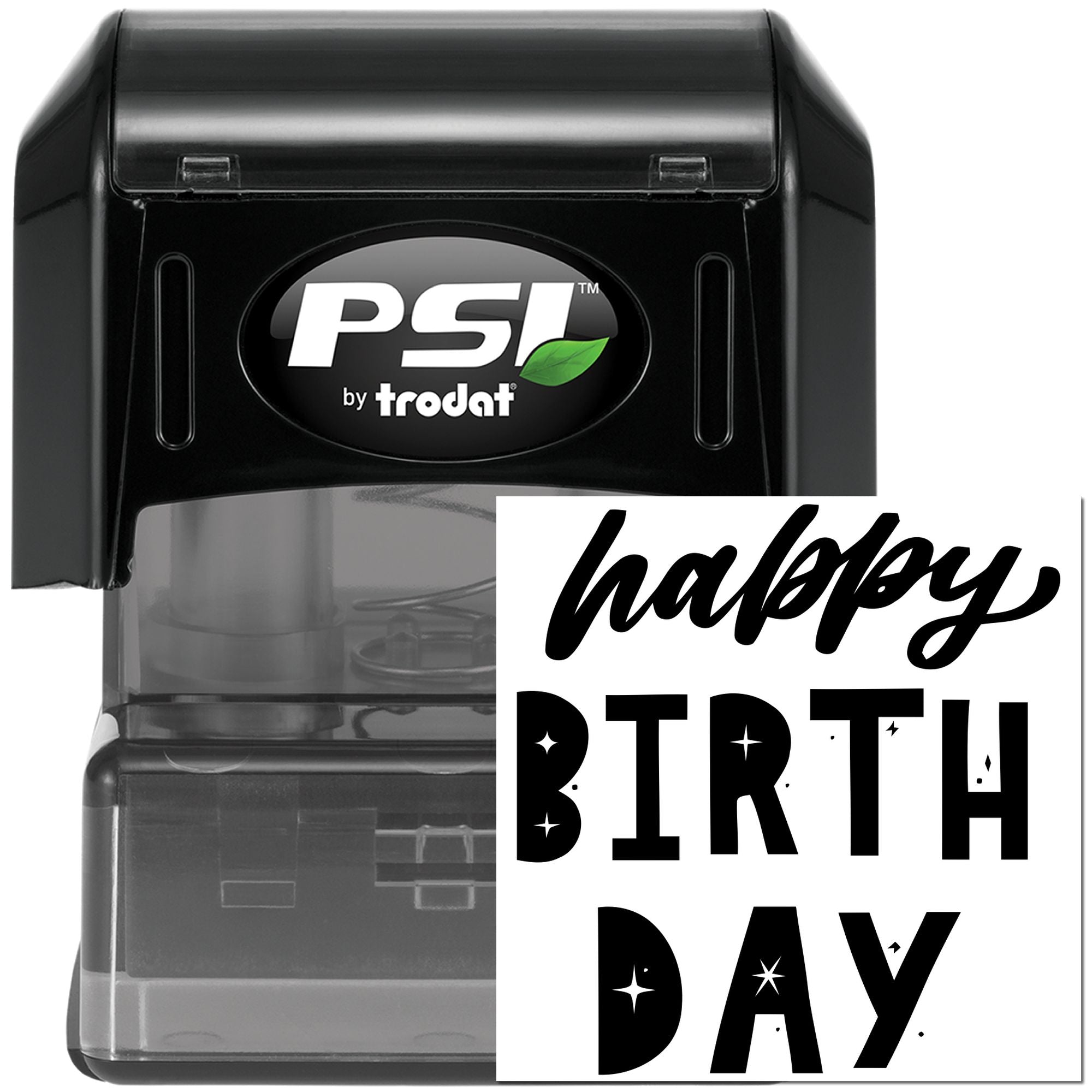 PSI by Trodat self-inking rubber stamp featuring a custom Happy Birthday design for birthday cards and gifts