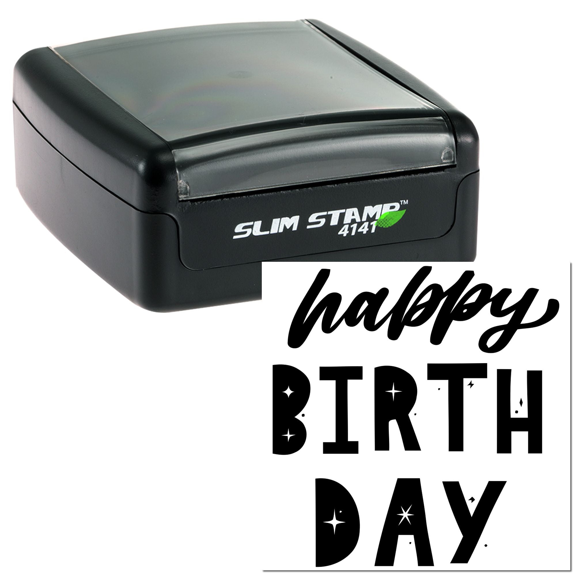 Self-inking rubber stamp with Happy Birthday impression for greeting cards, party invitations, and craft projects.