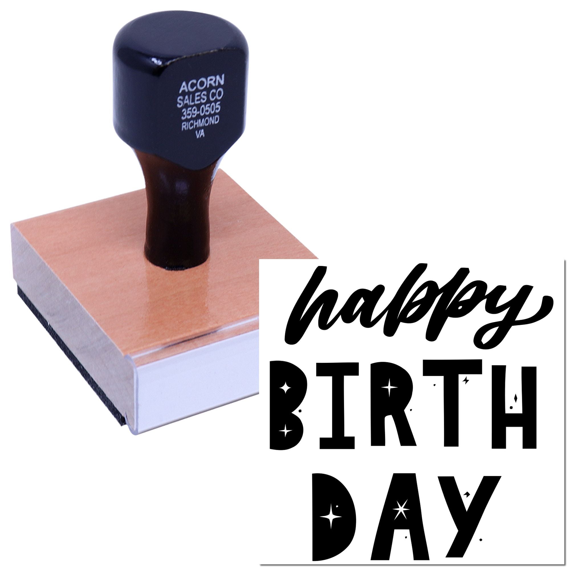 Custom rubber stamp with Happy Birthday design for personalized birthday cards, invitations, and scrapbook projects.