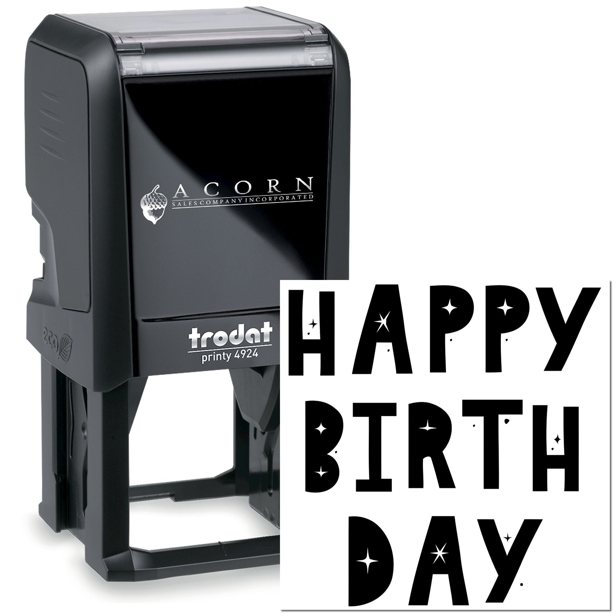 Custom self-inking rubber stamp with Happy Birthday design, ideal for cards, crafts, and personalized packaging.