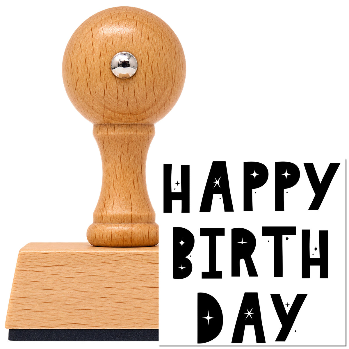 Birthday Block Star Cutouts Lettering Vintage Pro rubber stamp in European beech wood with a round knob handle, shown beside its black imprint.
