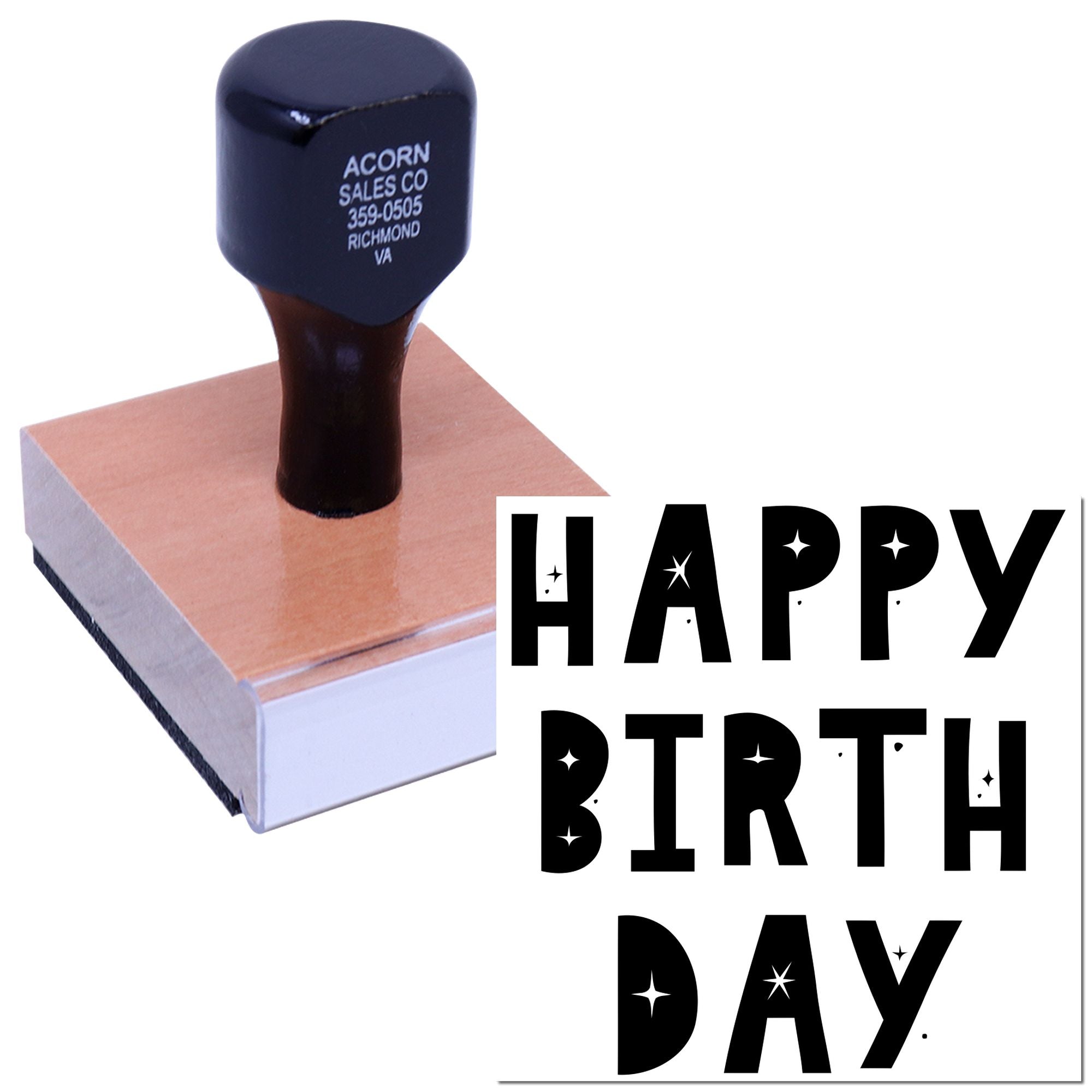 Custom Happy Birthday rubber stamp with wooden handle for greeting cards, party invitations, and craft projects.