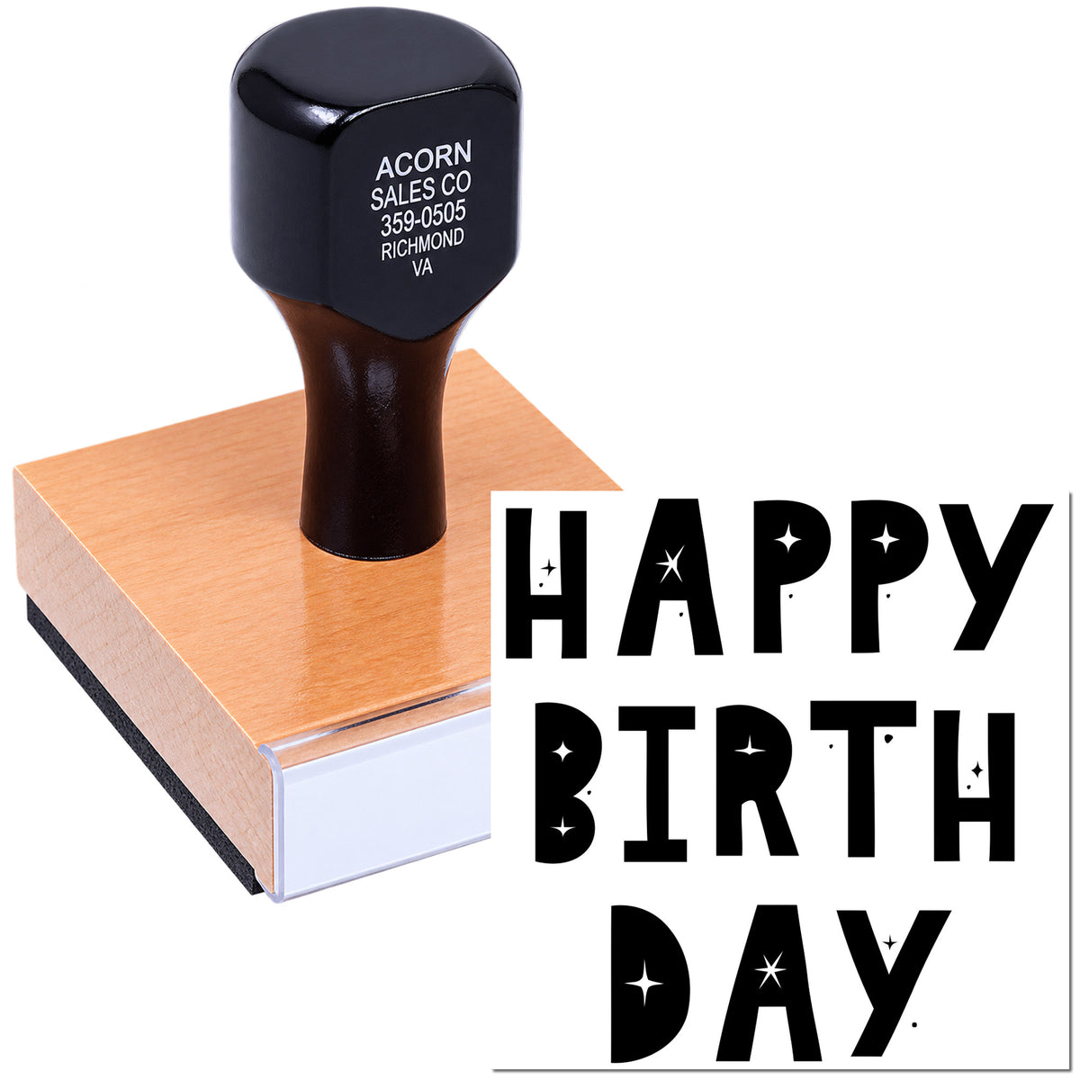 Custom Happy Birthday rubber stamp with wooden handle for greeting cards, party invitations, and craft projects.