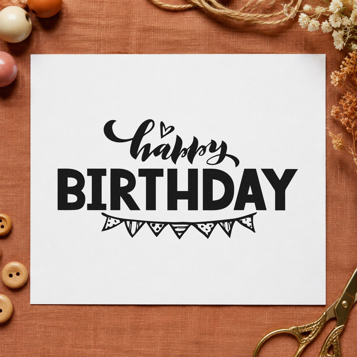 Happy Birthday Pennant Underline craft stamp in black ink on cardstock, an easy option for thank year album page.