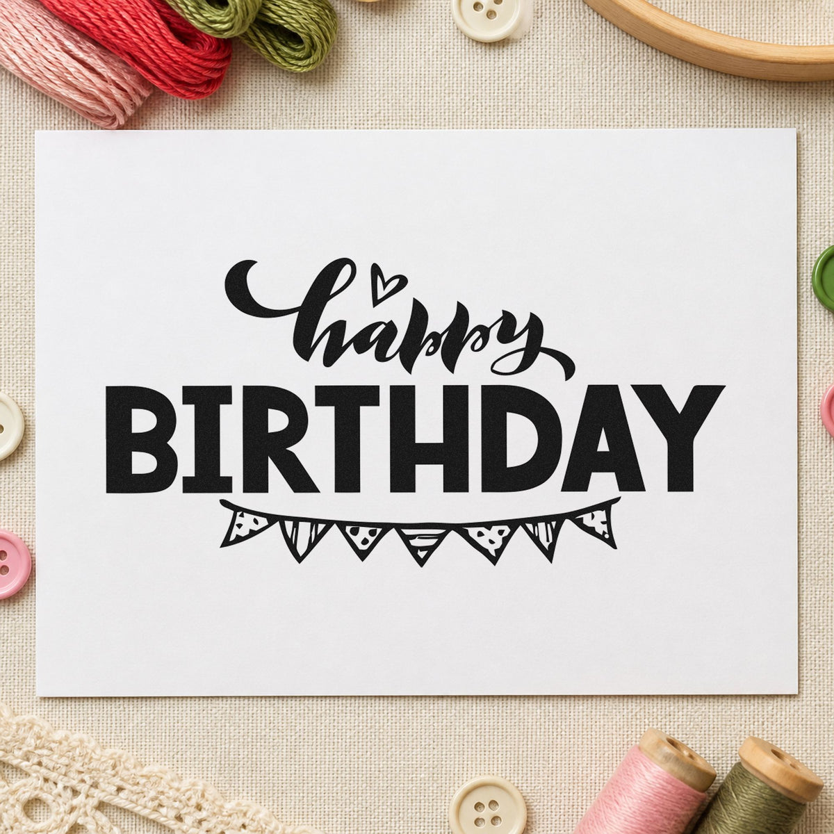 Happy Birthday Pennant Underline rubber stamp printed in black ink, ready for driver date sheet and similar paper crafts.