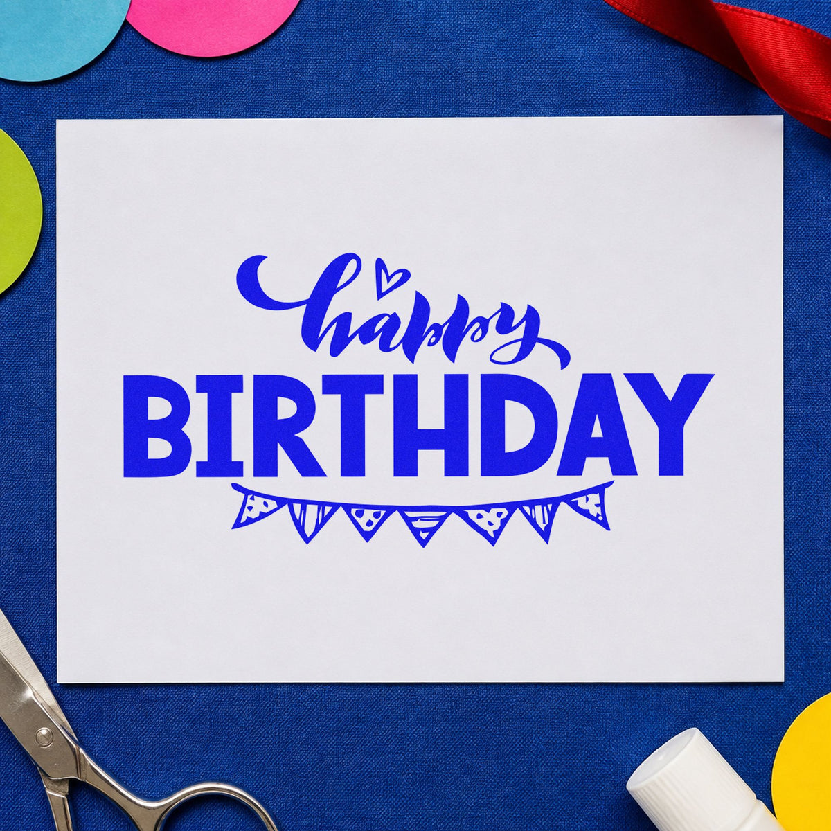 Happy Birthday Pennant Underline craft stamp in blue ink on cardstock, an easy option for porch box printing.