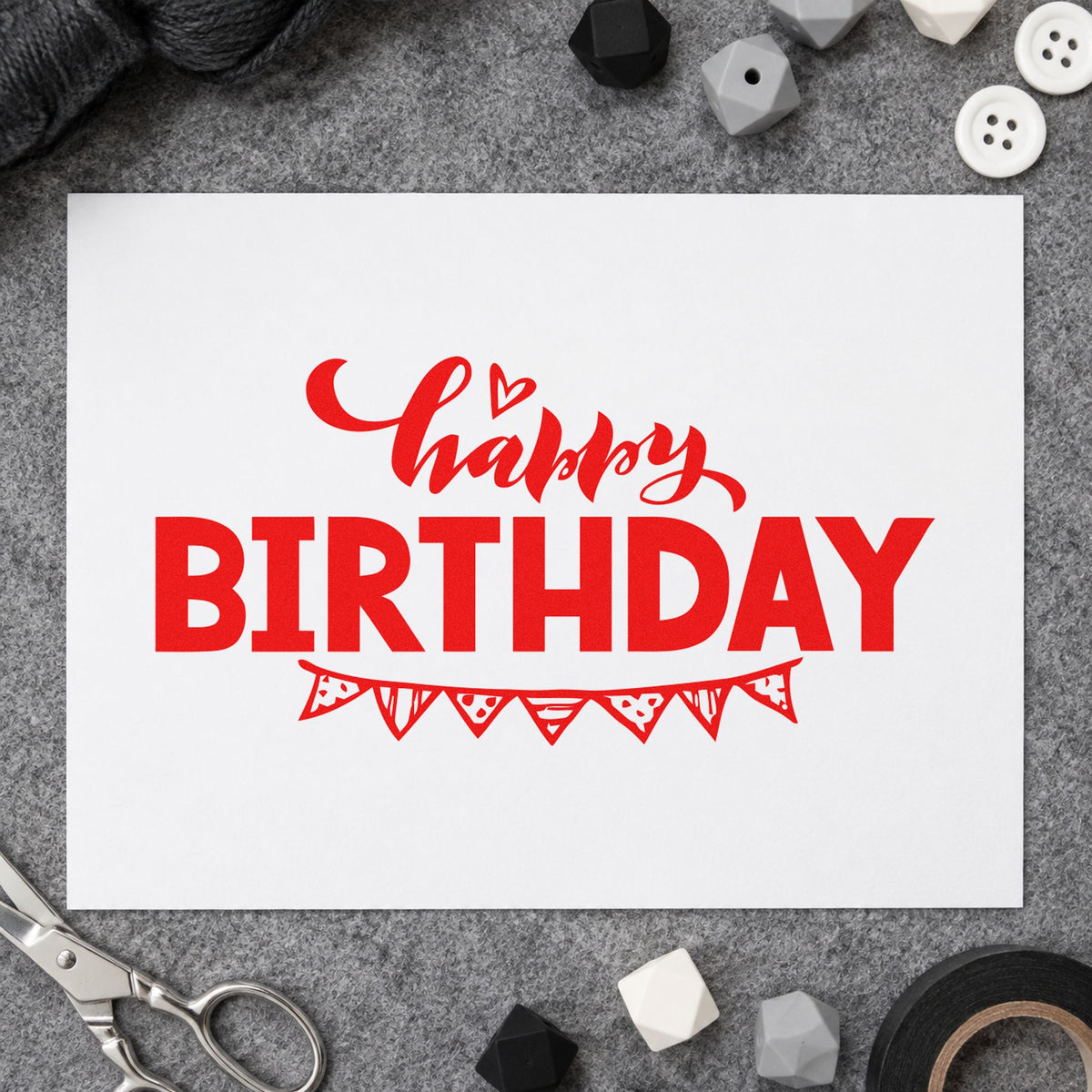 Happy Birthday Pennant Underline rubber stamp shown in red ink, stamped for projects such as bin treat labels.