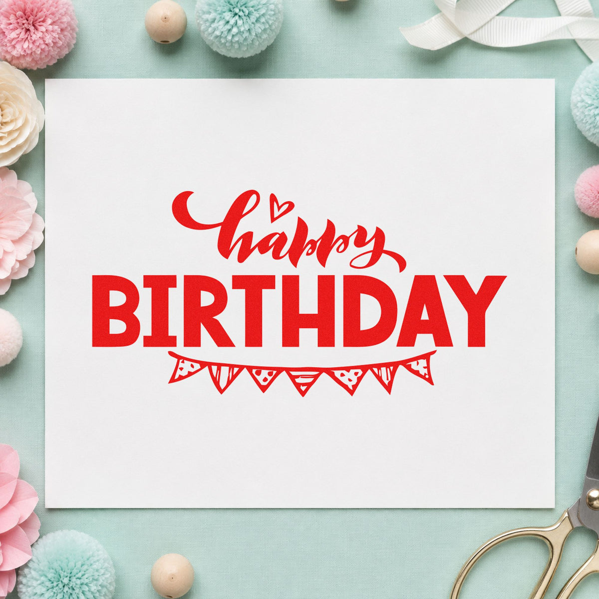 Happy Birthday Pennant Underline craft stamp imprint in red ink on a handmade project, one idea being thank note cards.