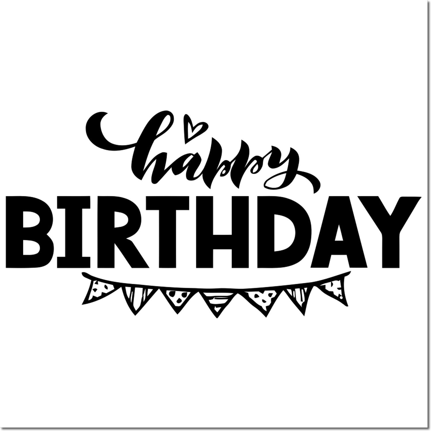 Happy Birthday rubber stamp design with festive bunting, bold lettering and script text for birthday cards and crafts.