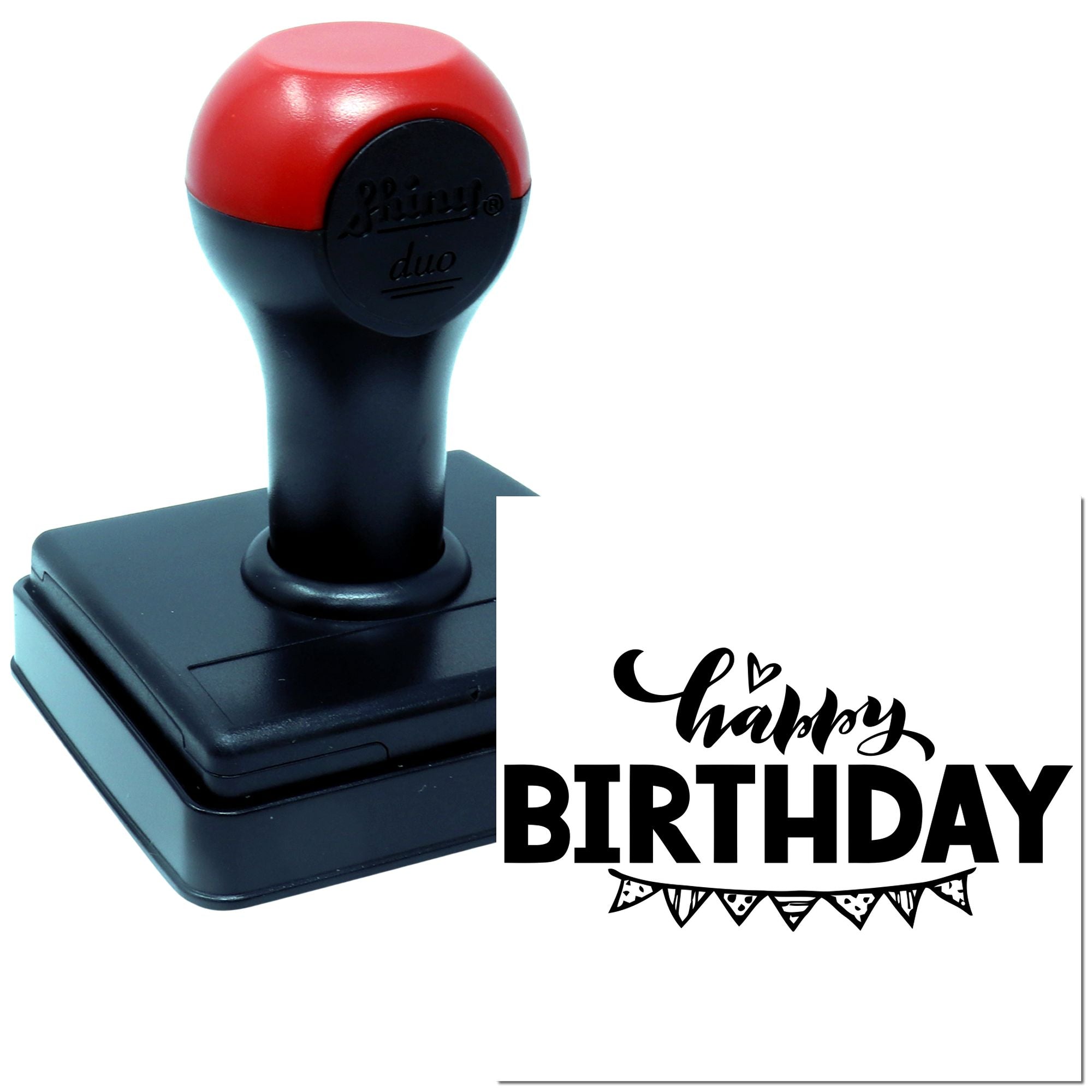 Red and black self-inking rubber stamp with Happy Birthday imprint for greeting cards, invitations, and craft projects.