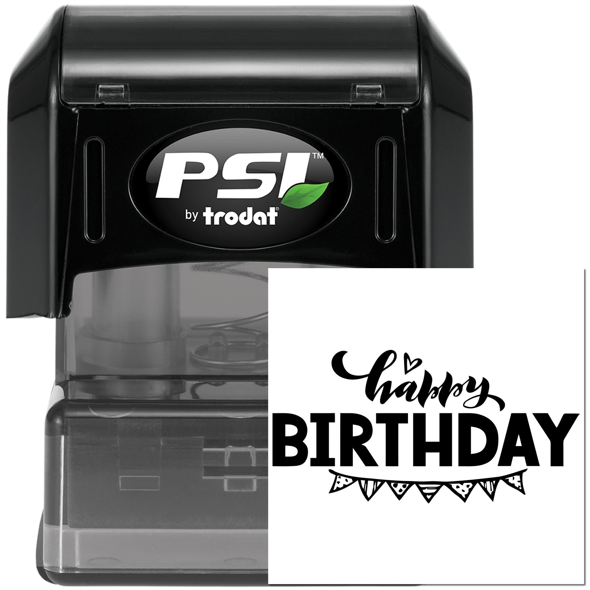 PSI by Trodat self-inking rubber stamp with custom Happy Birthday design for cards, invitations, and party crafts.
