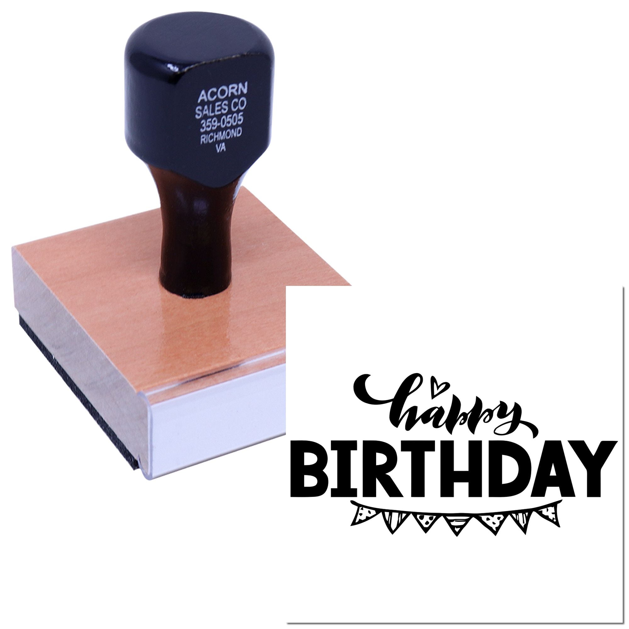 Custom happy birthday rubber stamp with wood handle for cards, invitations, and birthday party crafts.