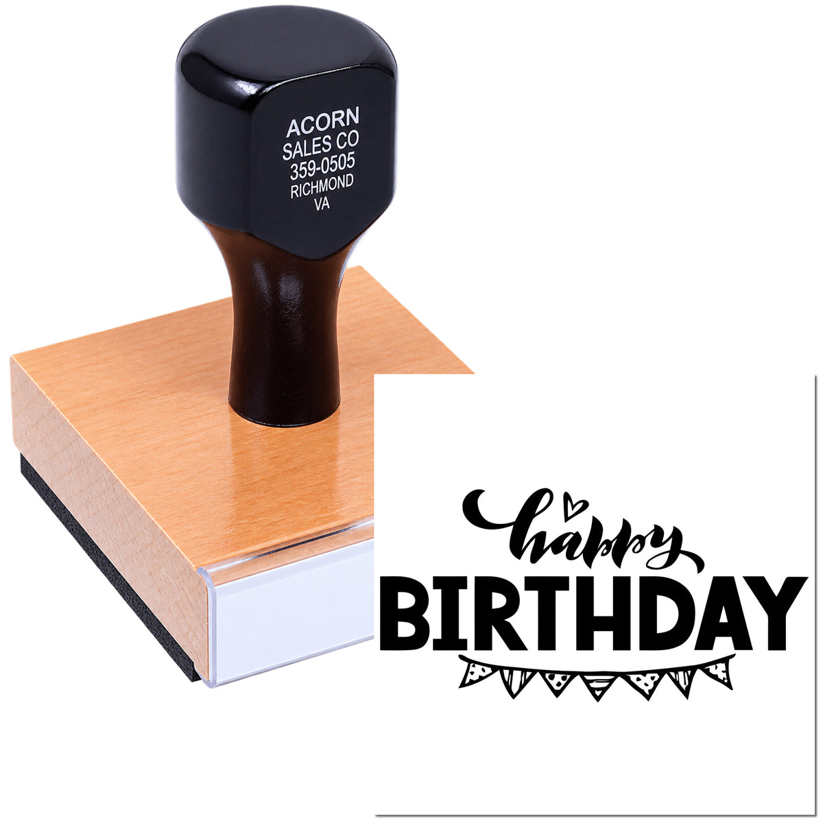 Custom happy birthday rubber stamp with wood handle for cards, invitations, and birthday party crafts.
