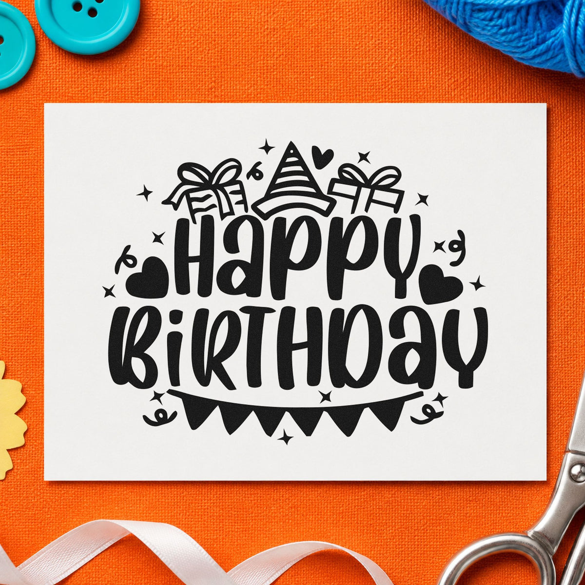 Birthday Gifts Hat Bunting craft stamp in black ink on cardstock, an easy option for toy library album page.