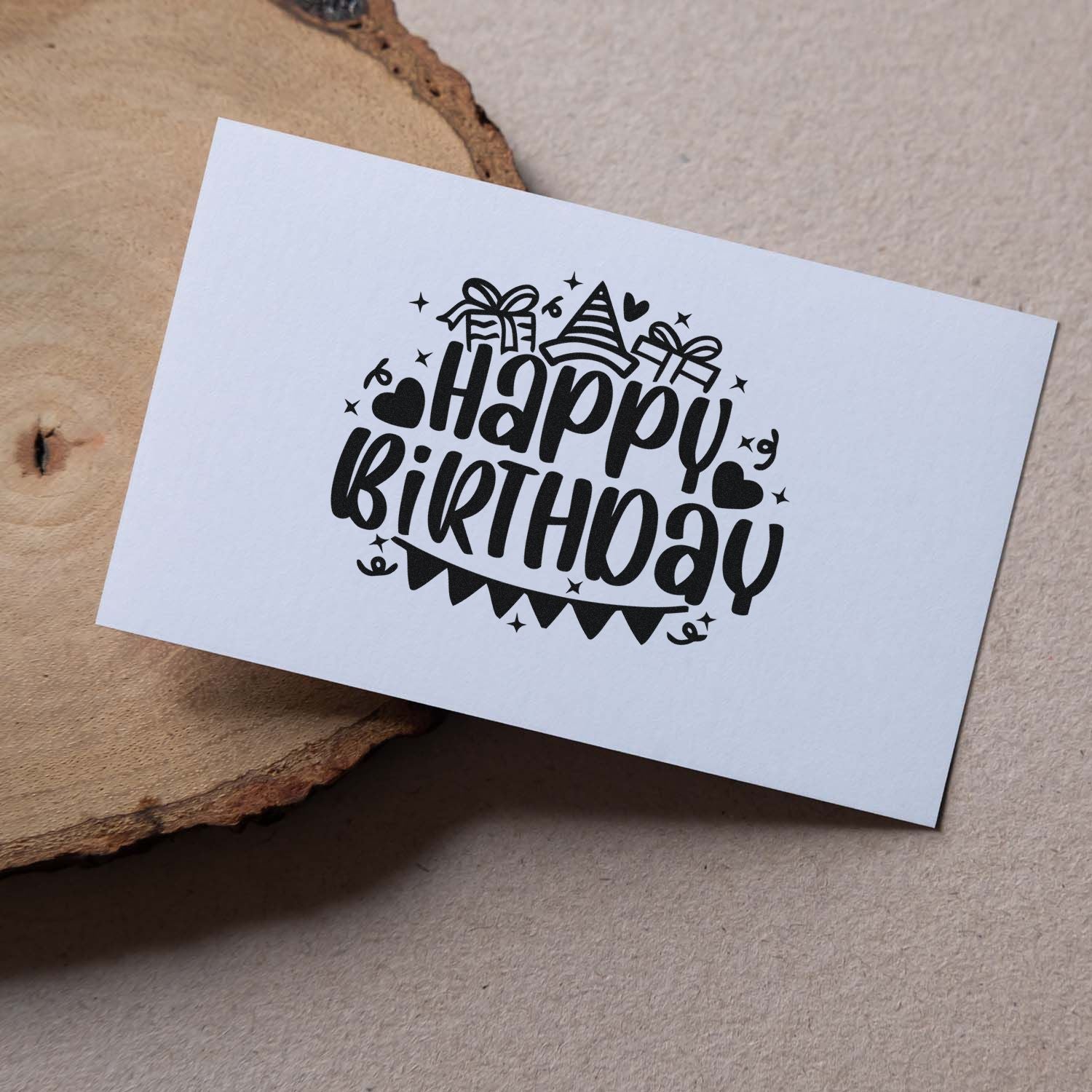 Happy Birthday rubber stamp design on card, ideal for handmade birthday cards, scrapbooking, and craft packaging.
