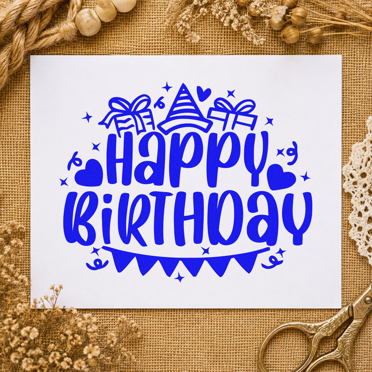 Birthday Gifts Hat Bunting craft stamp in blue ink on cardstock, an easy option for carry bag printing.