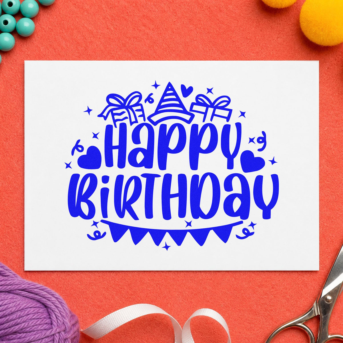 Birthday Gifts Hat Bunting craft stamp imprinted in blue ink on paper, a design suited to framed front desk.