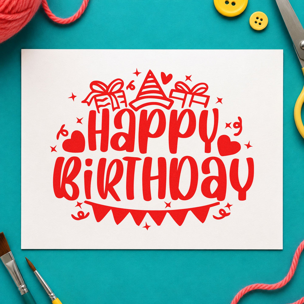 Birthday Gifts Hat Bunting rubber stamp shown in red ink, stamped for projects such as shelf age labels.