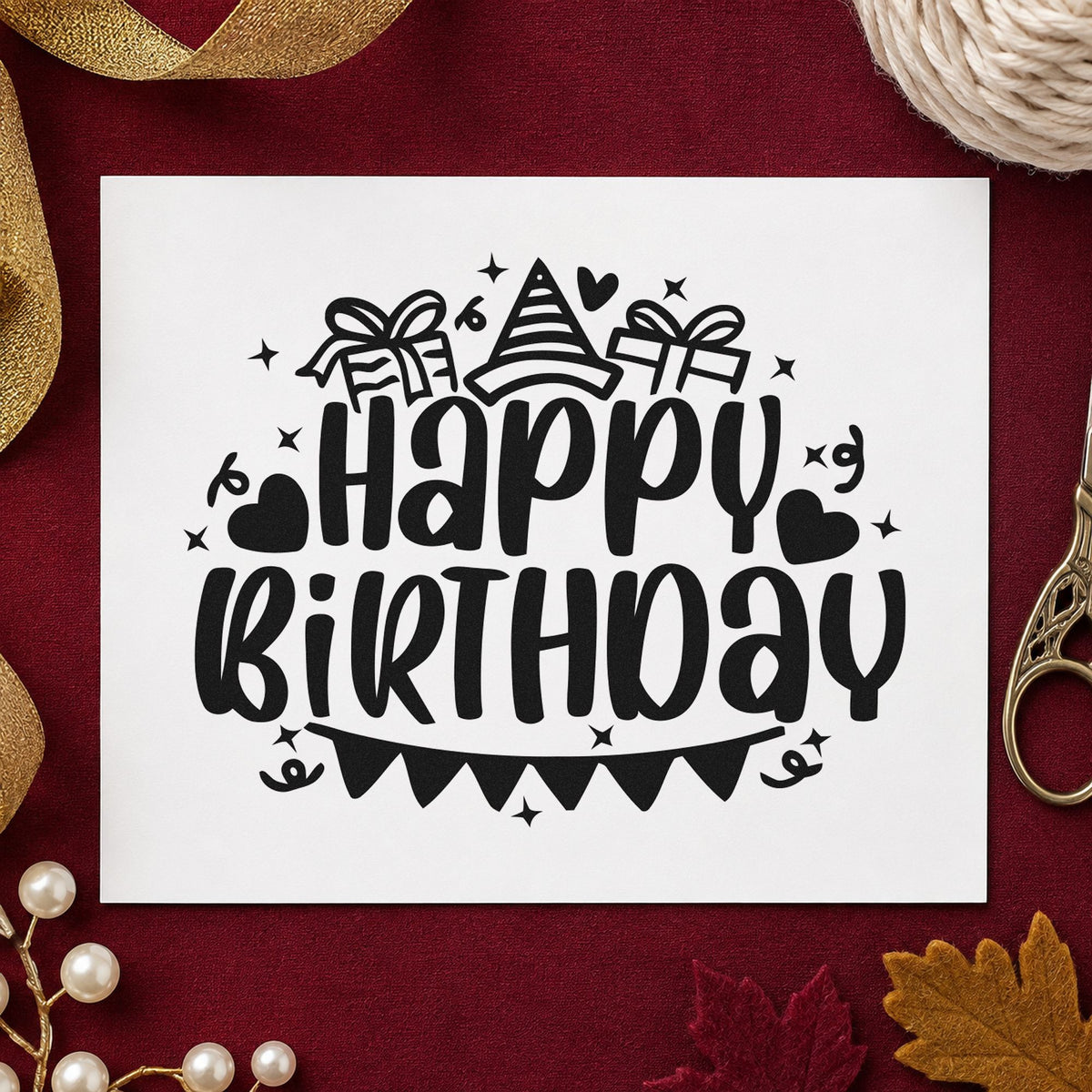Birthday Gifts Hat Bunting rubber stamp printed in black ink, ready for dark bunting cards and similar paper crafts.